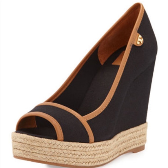 Tory Burch Shoes - Tory Burch Majorca Peep-Toe Canvas Wedge Black/Tan